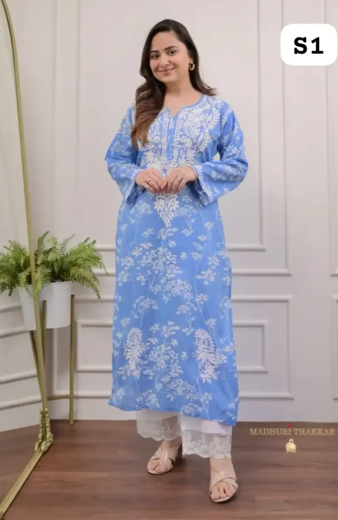 Pure Mulmul Cotton Chikankari Kurti With Pant 