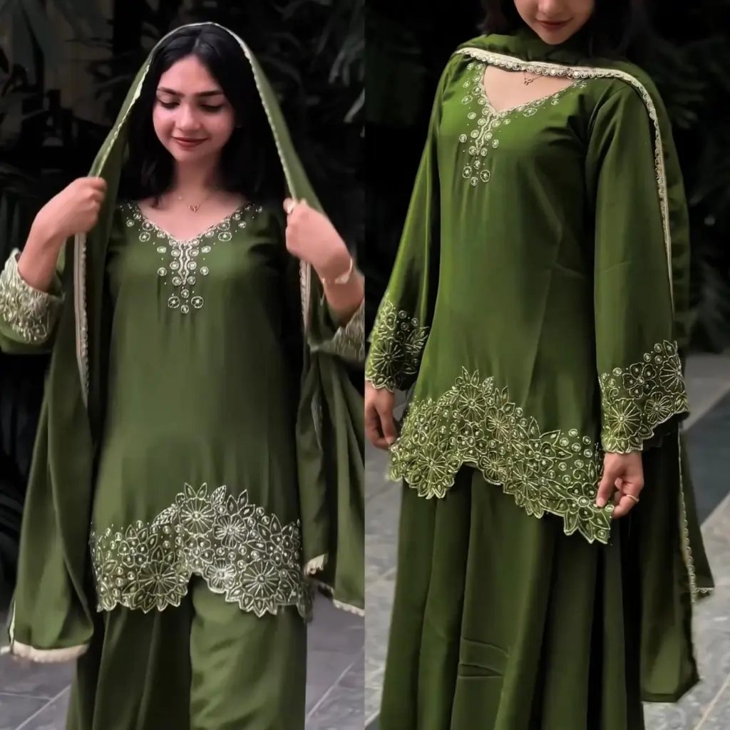 Pakistani Style Embroidery Beads Work Full Sleeve Top, Sharara & Dupatta