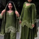Pakistani Style Embroidery Beads Work Full Sleeve Top, Sharara & Dupatta