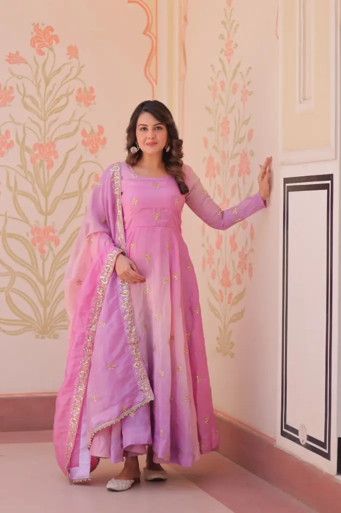 Gold Organza With Sequins-Multi & Zari Embroidered Work Gown with Dupatta
