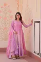 Gold Organza With Sequins-Multi & Zari Embroidered Work Gown with Dupatta