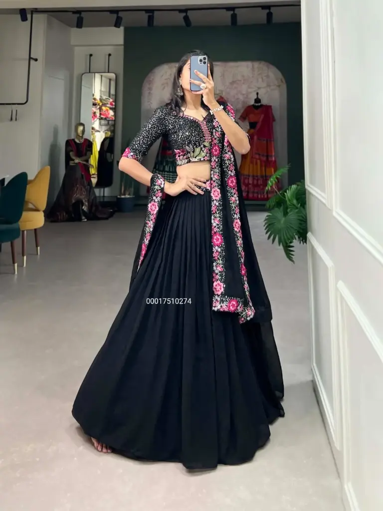 Designer Partywear Black Embroidery Work Lehenga choli set with Cancan