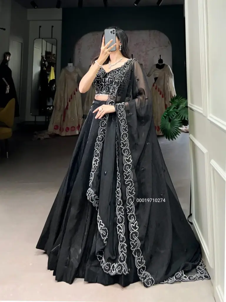 Premium Wedding Star Satin Black Lehenga With Blouse & Dupatta
