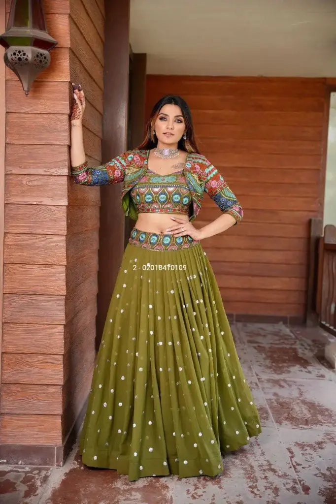 Faux Georgette With Multi-Color Embroidery Jacket Style Lehenga Set
