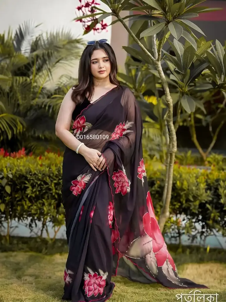 Soft Pure Georgette Fancy Black Handwork Saree