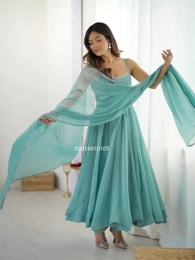 Crunchy Silk Fabric With Sirozski Work Blue Sleeveless Anarkali Suit 