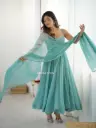 Crunchy Silk Fabric With Sirozski Work Blue Sleeveless Anarkali Suit 