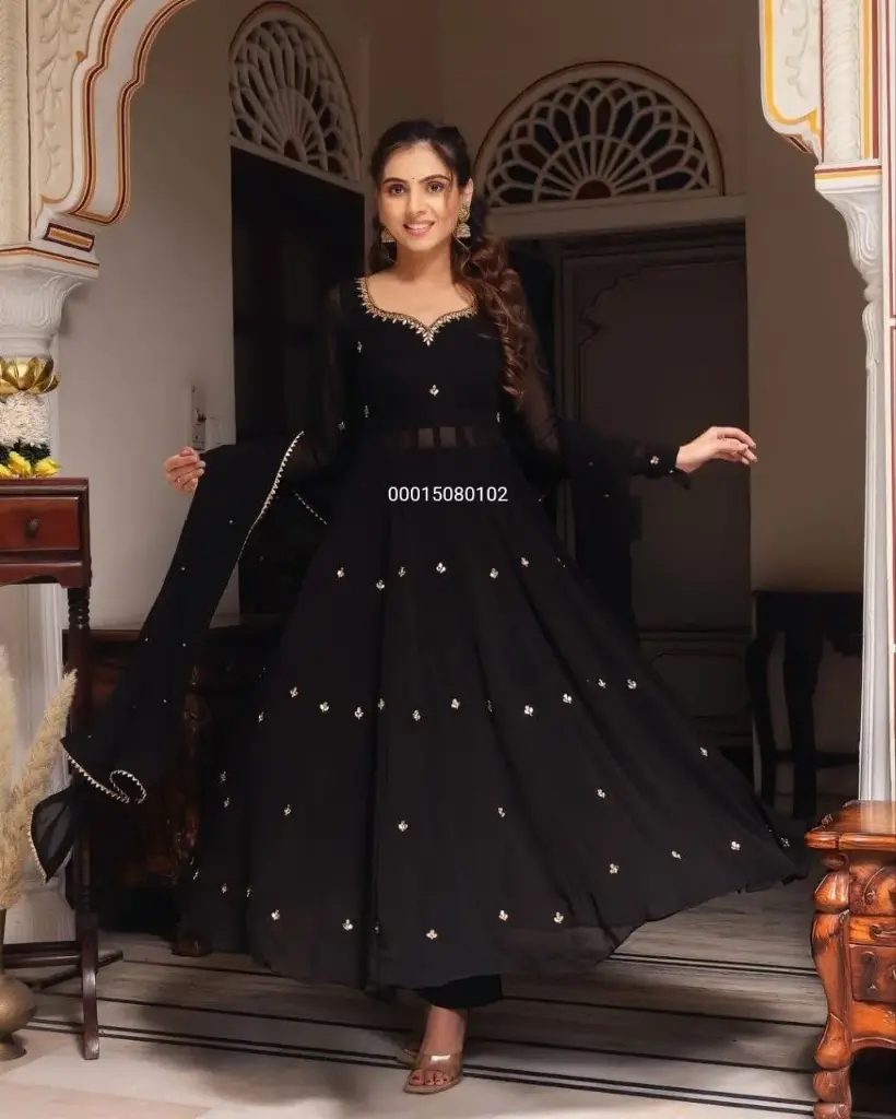 Faux Georgette With Lace Borders Trending Black Anarkali suit