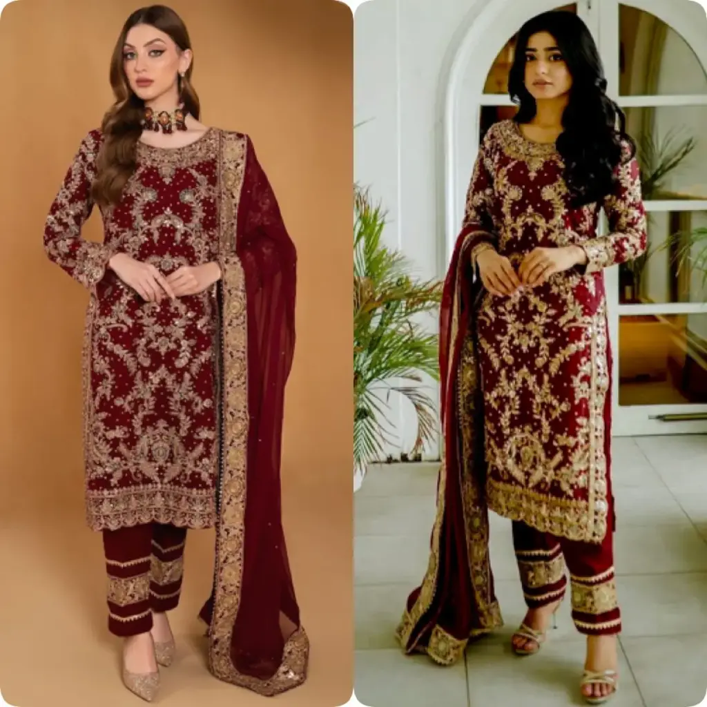 Faux Georgette Embroidered Suit with Stone Hand Work and Butter Silk Bottom