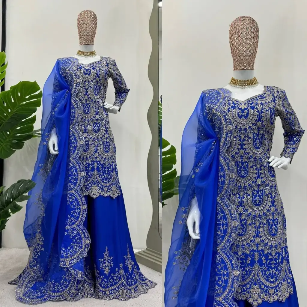Chinon Silk Thread & Sequence Work Suit with Organza Dupatta