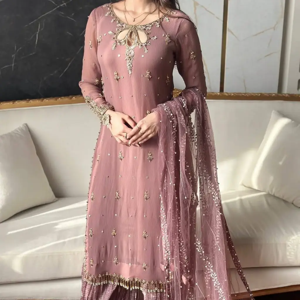 Faux Georgette Embroidered Suit with Soft Organza Dupatta