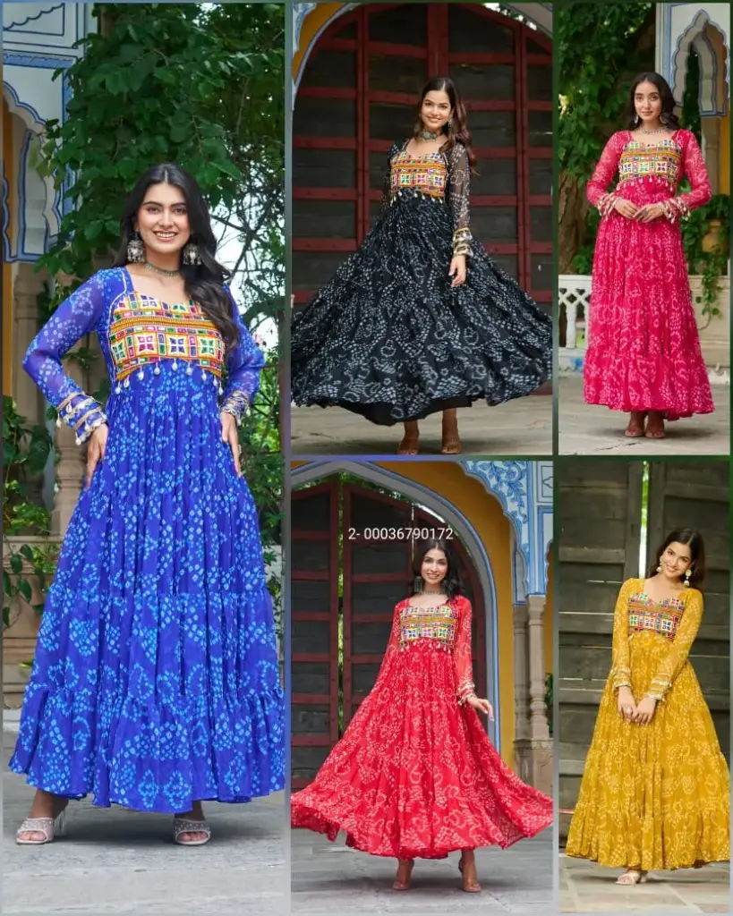 Navratri Bandhani Print Work With Kutchi Patchwork In Faux Georgette Gown Collection