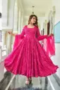 Heavy Reyon Fabric Printed Pink Bandhani Anarkali with Reyon Mulmul Dupatta