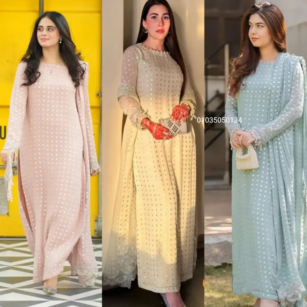 Pearl Moti Handwork Faux Georgette Kurti Pant With Dupatta Set