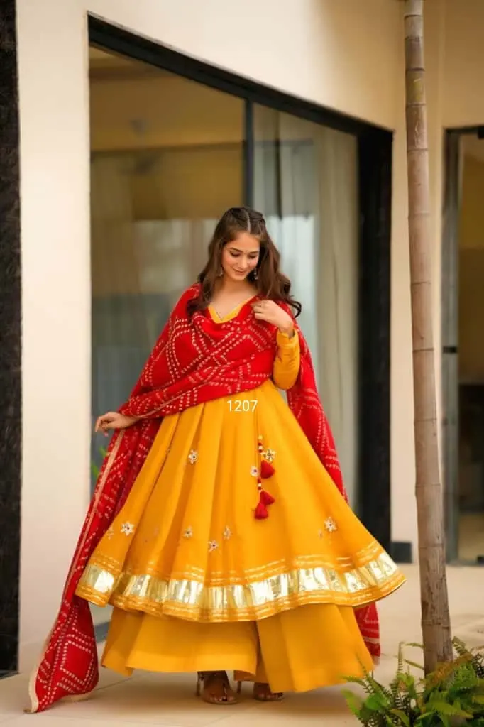 Handmade Gota Patti Yellow Anarkali Plazo Set & Bandhani Dupatta