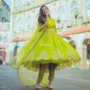 Designer Partywear Embroidered Green Anarkali Gown with Dupatta and Pant 