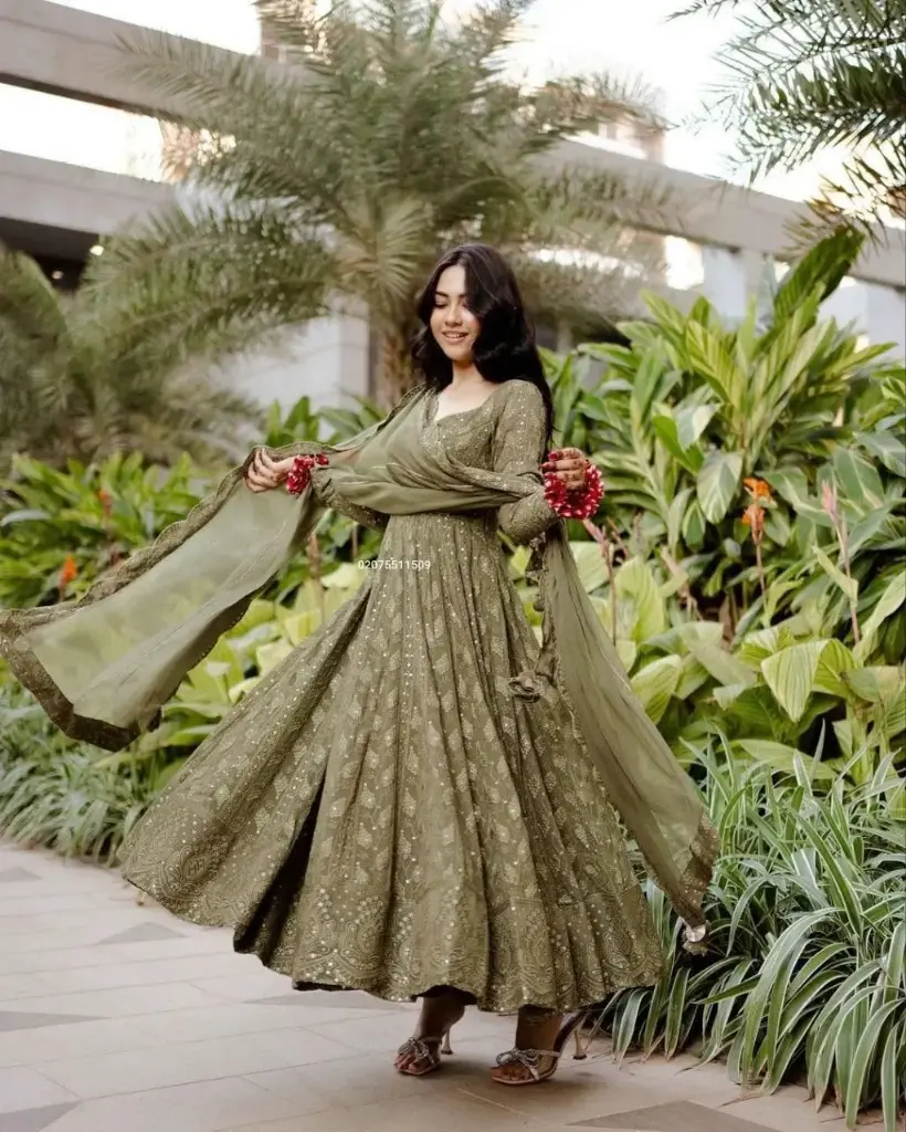 Reem Sameer Inspired Mehendi Color Designer Anarkali Gown with Dupatta