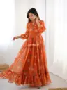 Gorgeous Orange Floral Print V neck Gown