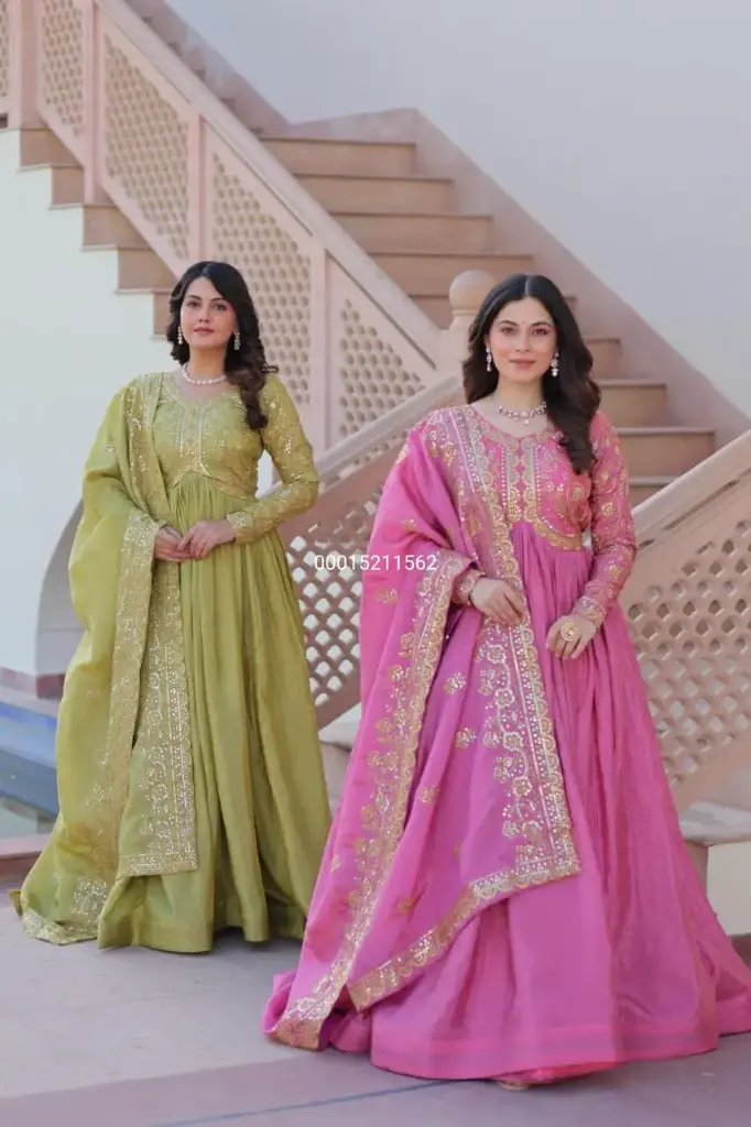 Gold Crush Fabric with Sequins Beautiful Gown with Dupatta