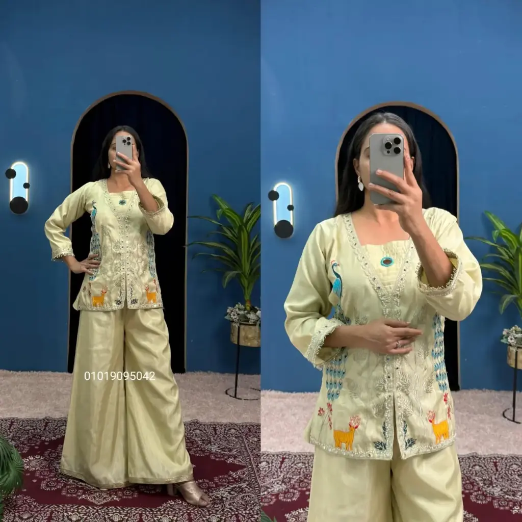 New Co-Ord Set With  Fully Embroidered Koti With Stitched Plazzo