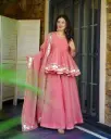 Trending Original Soft Gold Crush Pink Petal Plazzo Suit Set With Gotta Patti Work