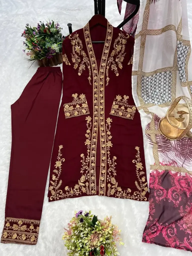 PartyWear Rivet Moti & Embroidery Work Maroon Suit 