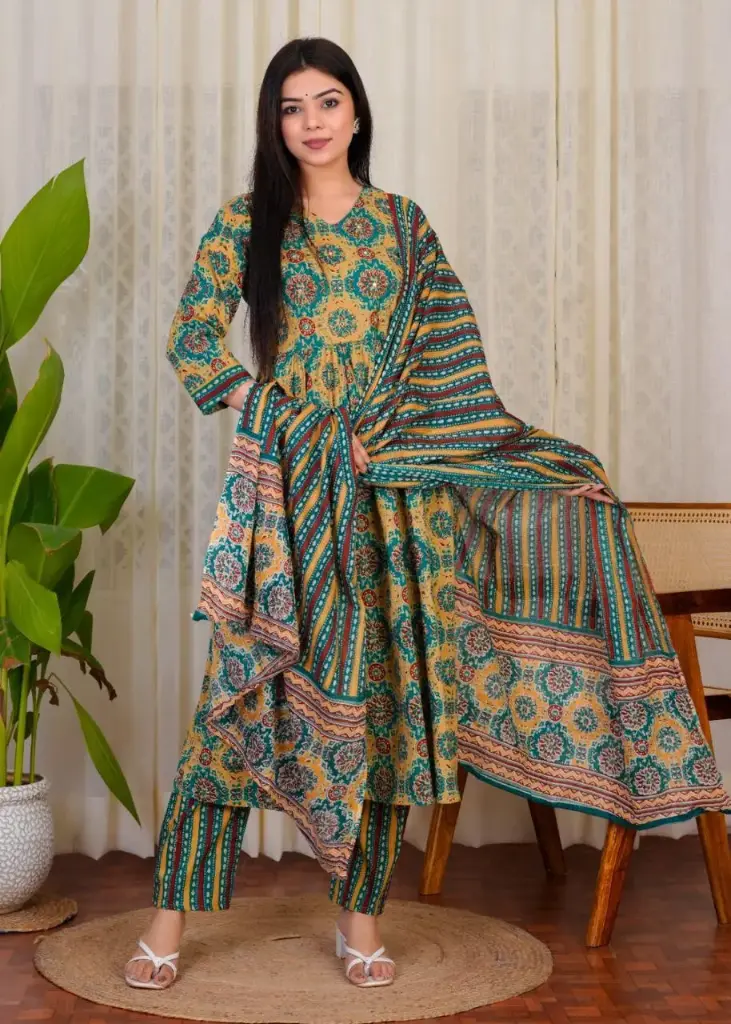 Pure Cotton Ajrakh Print Anarkali Kurti with Pant & Dupatta