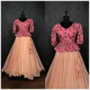 Indo Western Chinon Print Top With Plain Tebby Silk Lehenga