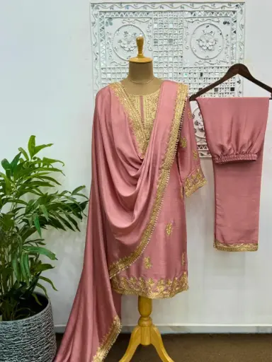 Partywear Pure Chinon Silk Embroidery Work Fancy Top - Pant with Dupatta