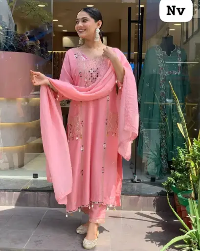 Festive Wear Pink Cotton Embroidery Mirror & Kodi Work Kurta set