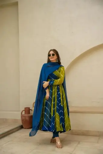 Georgette Leheriya Print  Anarkali With Dupatta