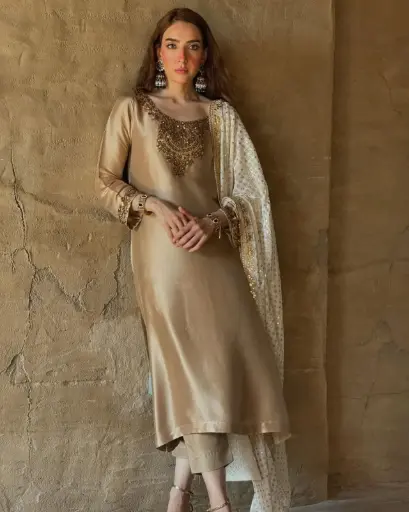 Partywear Pure Devsena Silk Long Kurti-Bottom And Dupatta Set