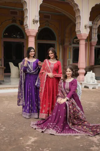 Chinon with Rich Sequins Embroidered work Anarkali Gown with Dupatta