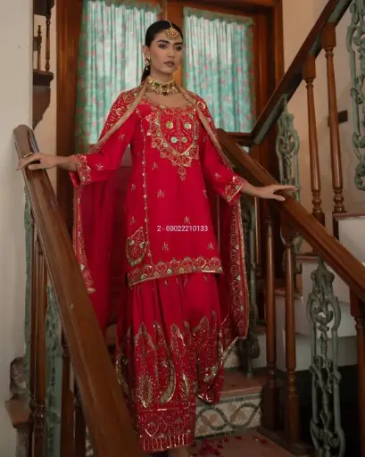 Designer Partywear Heavy Embroidery Chinon Silk  Plazo Set