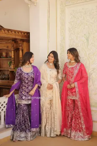 Premium Designer Partywear Top-Sharara-Dupatta Set
