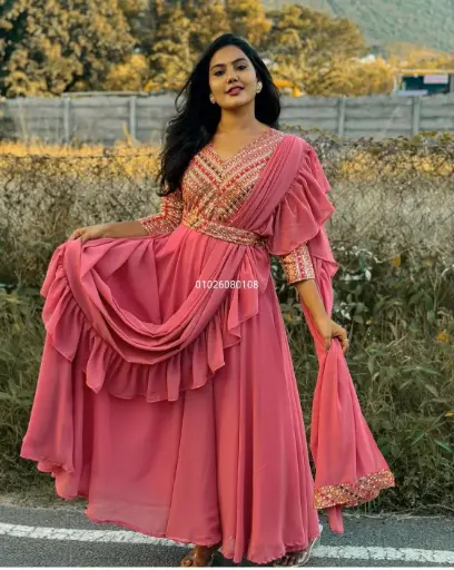 Premium Georgette Kurti Style Gown With Frill Dupatta