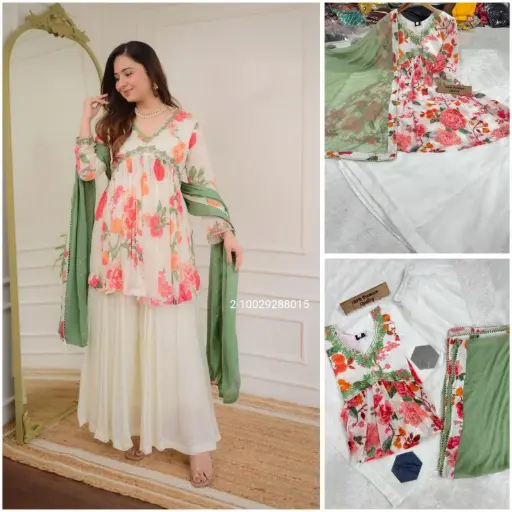 Faux Georgette Embroidery & Mirror Work Top Bottom With Dupatta