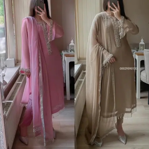 Faux Georgette Real Moti Hand Work Top And Pant With Dupatta