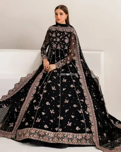 Sequins And Zari Embroidery Anarkali Gown With Sharara & Elegant Dupatta Set
