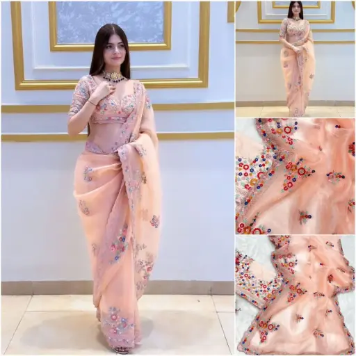 Organza Embroidery Sequence Work Saree