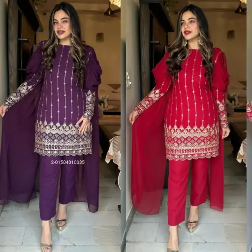 Faux Georgette With Heavy Embroidery, Zari & Sequence Work Top and Pant