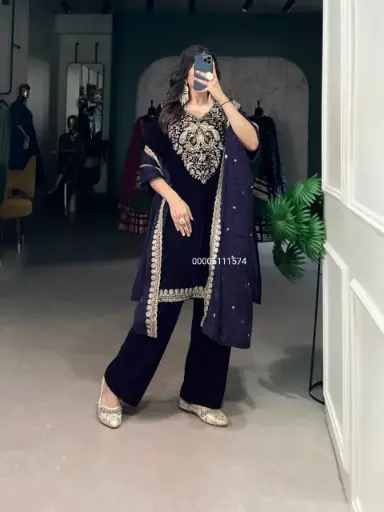 Velvet Sequins And Thread Embroidery Work Top, Bottom & Dupatta Set
