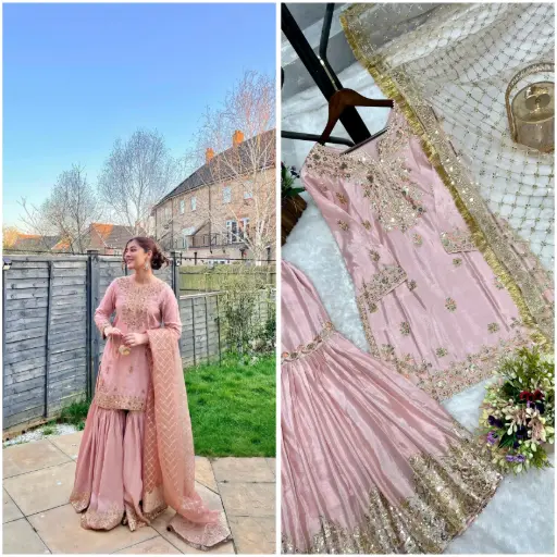 Chinon Silk Embroidery Sequence Work Kurti, Sharara with Dupatta