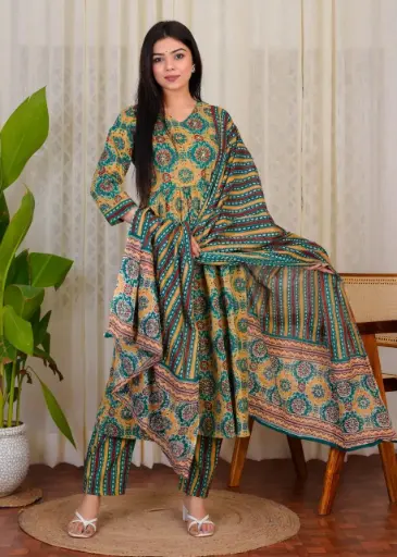 Pure Cotton Ajrakh Print Anarkali Kurti with Pant & Dupatta