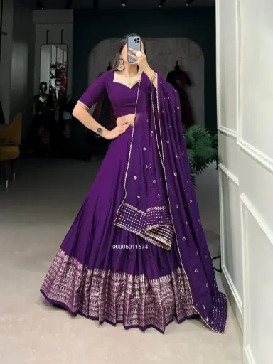Pure Chanderi  Plain With Zari Weaving Work Border Lehenga Choli
