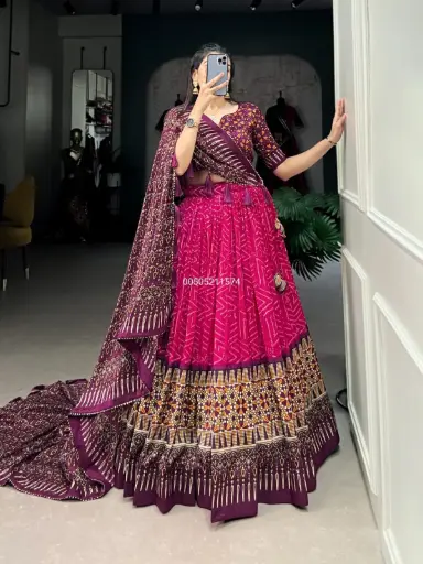 Tussar Silk Bandhej & Ajarakh Print Navratri Lehenga Choli