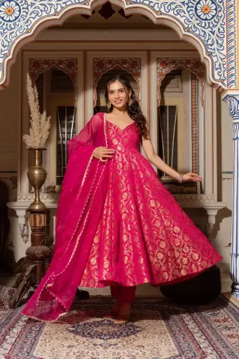Designer Partywear Jacquard Silk Sleeveless Anarkali gown With Pant & Dupatta 