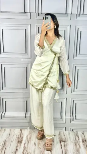 Chinon Silk Fabric Designer Festive Wear Angrakha Style Cord Set With Gotta Lace Work