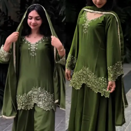 Pakistani Style Embroidery Beads Work Full Sleeve Top, Sharara & Dupatta