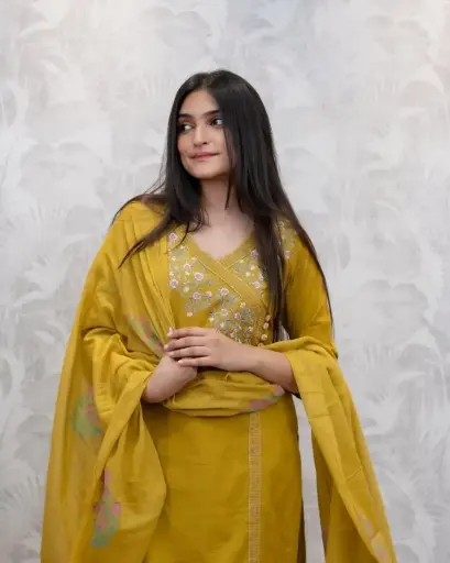 Pure fine Cotton fabric Yellow Kurti with Pant and Dupatta